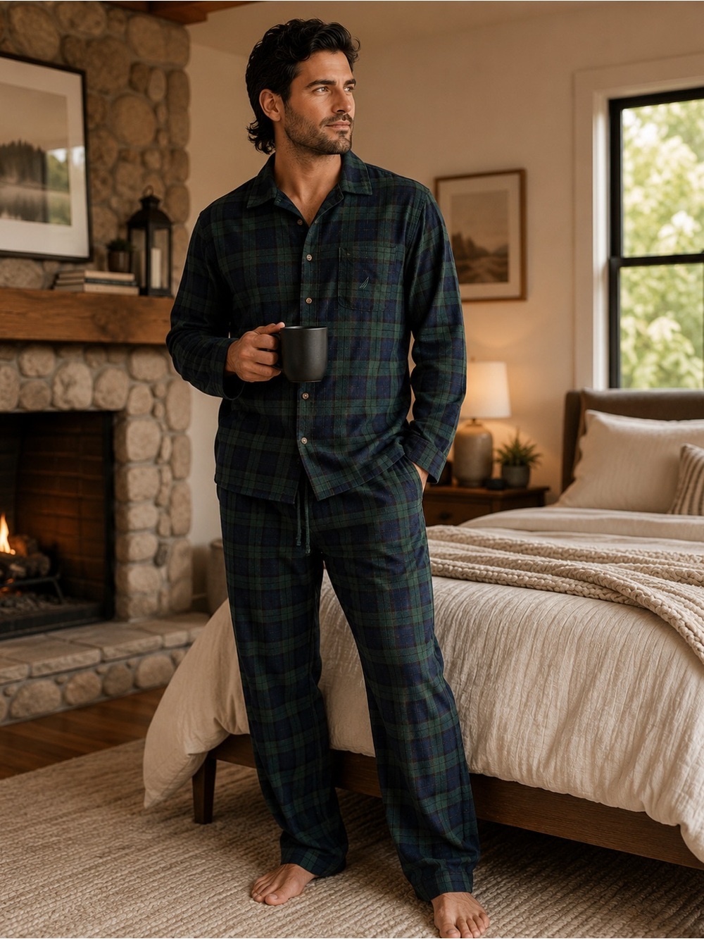 Nautica Men’s Plaid Pajama Set L Navy Green 2 Piece Sleepwear Lounge